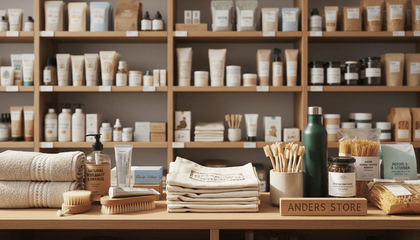 Organized retail shelves displaying everyday essentials and specialty items at Anders Store