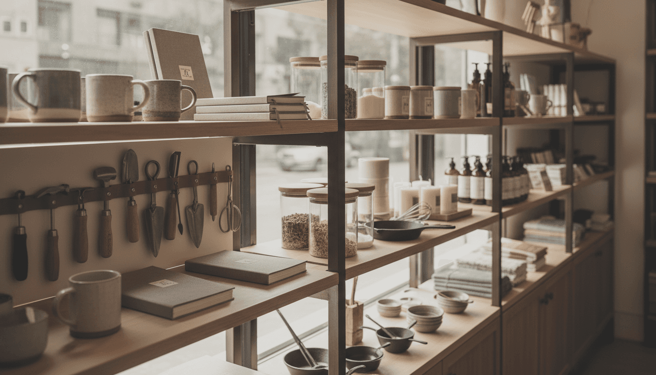 Organized retail shelves displaying curated everyday essentials and specialty items at Anders Store