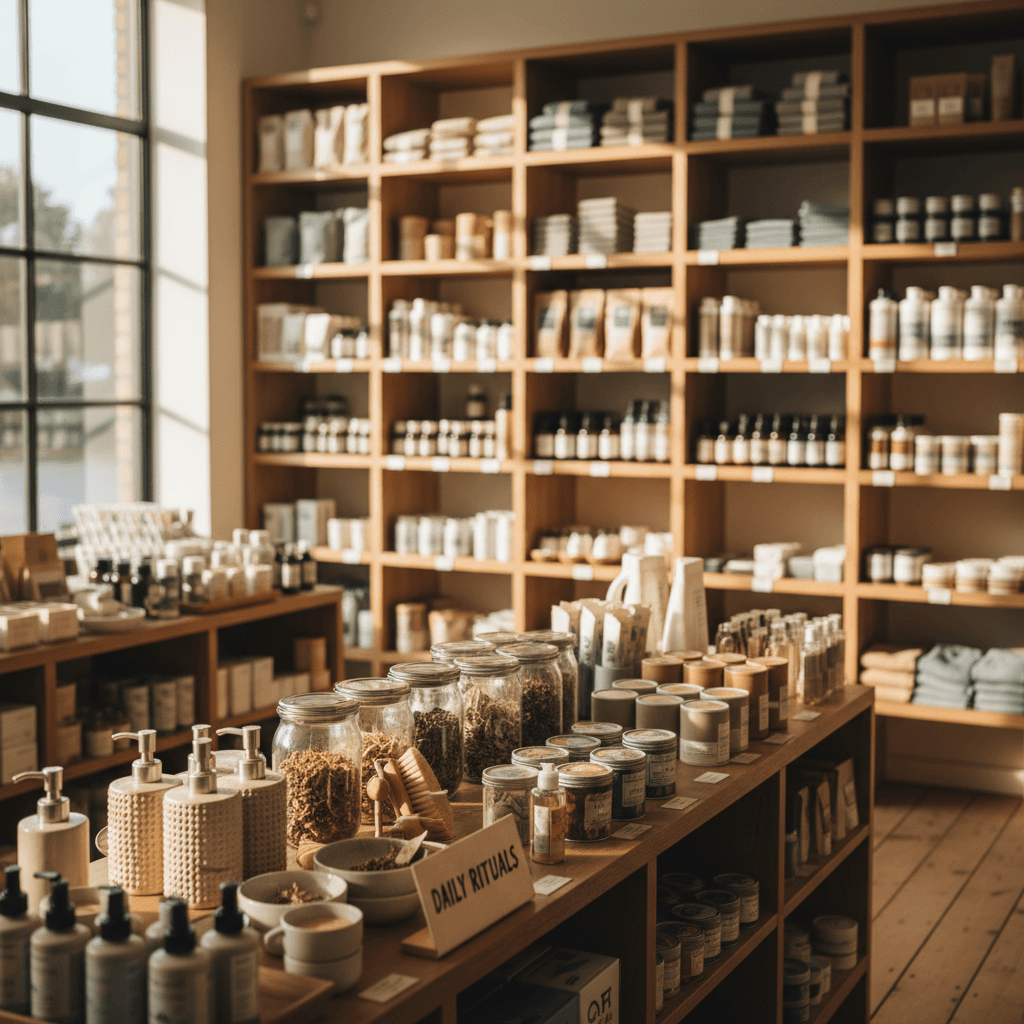 Curated selection of everyday essentials displayed on wooden shelving