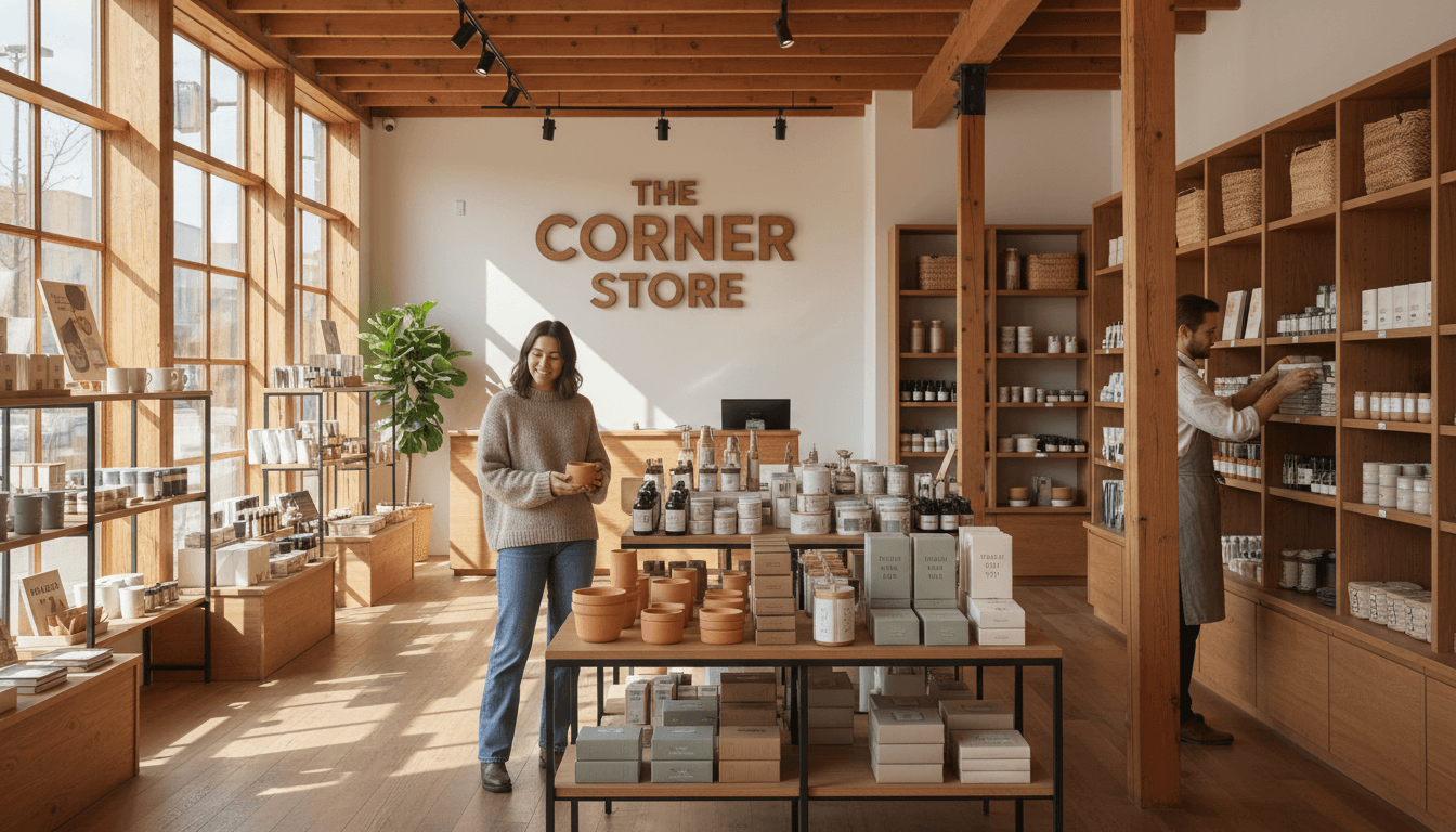 Warm retail space with customers browsing curated products and friendly staff assistance