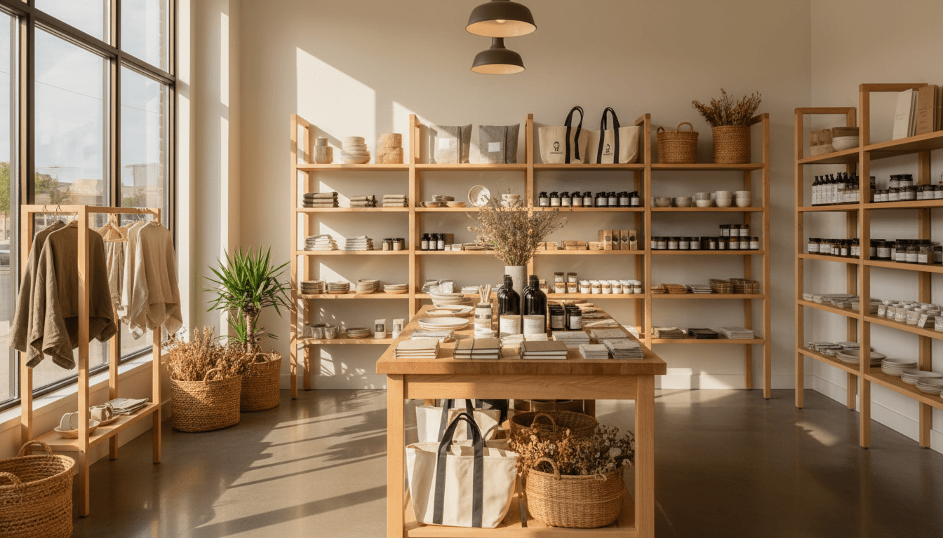 Warm, welcoming interior of Anders Store showing curated everyday essentials and practical products displayed on organized shelving with natural lighting