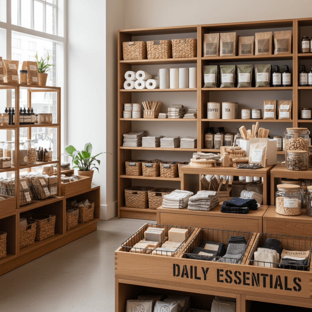 Organized retail shelves with practical household essentials