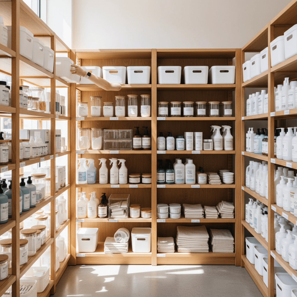 Household essentials and storage items on display