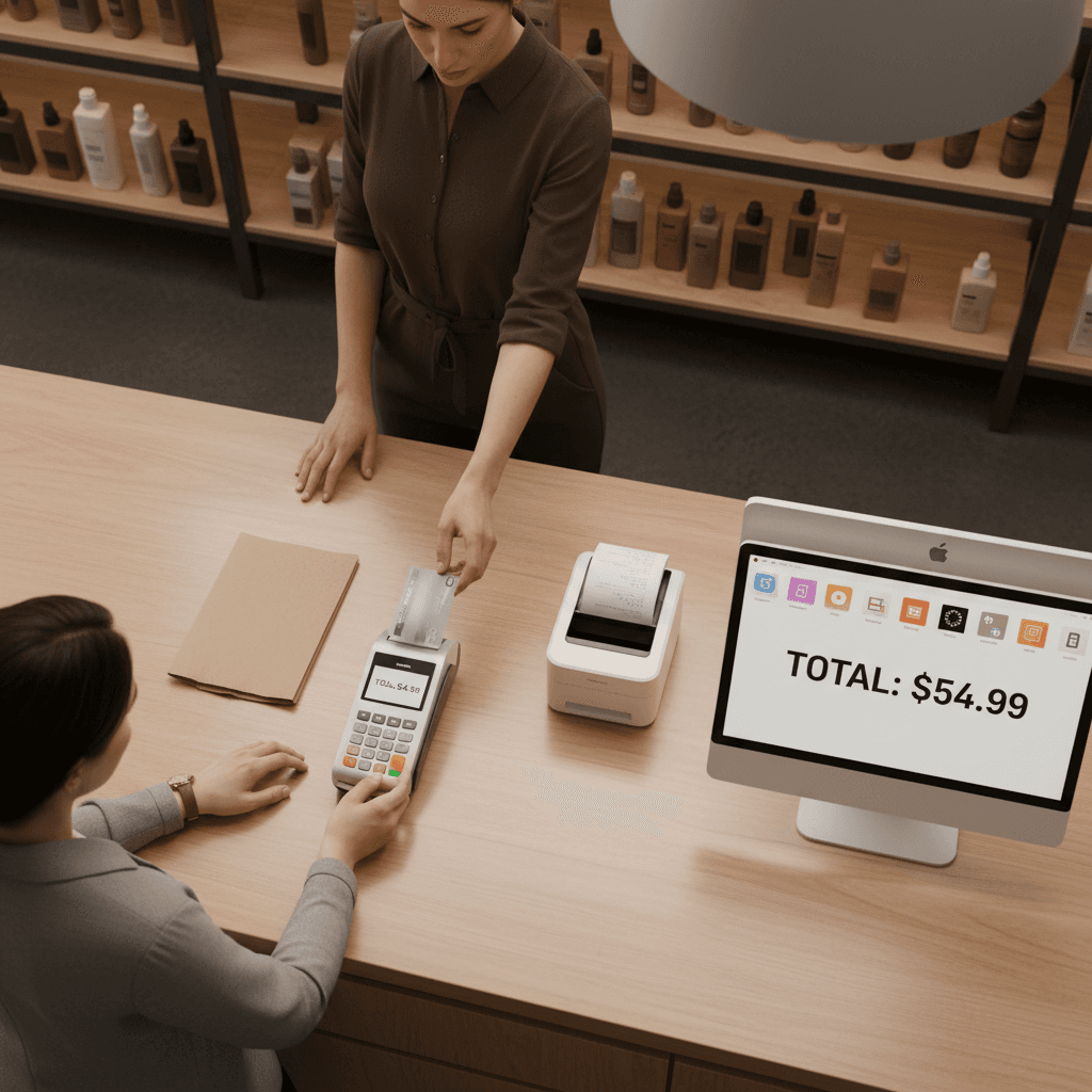 Organized checkout area showing efficient store operations