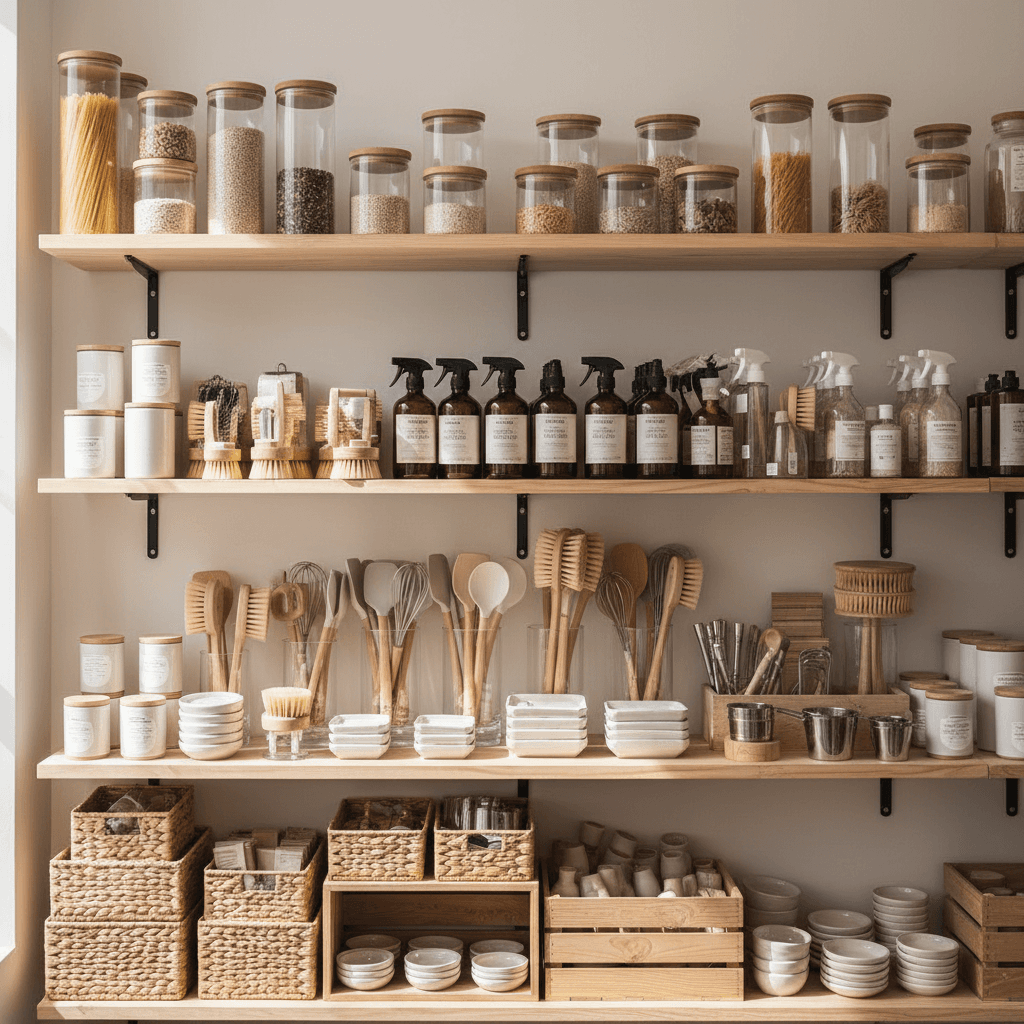 Organized retail shelves with household essentials